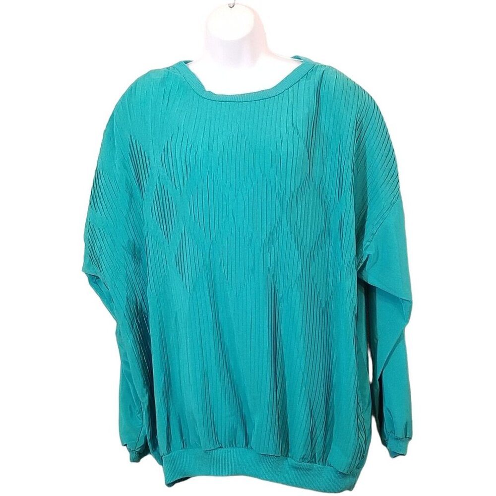 Sunny Lady Top Womens 3X Long Sleeve Crinkle Green Rib Cuff Waist Vintage
